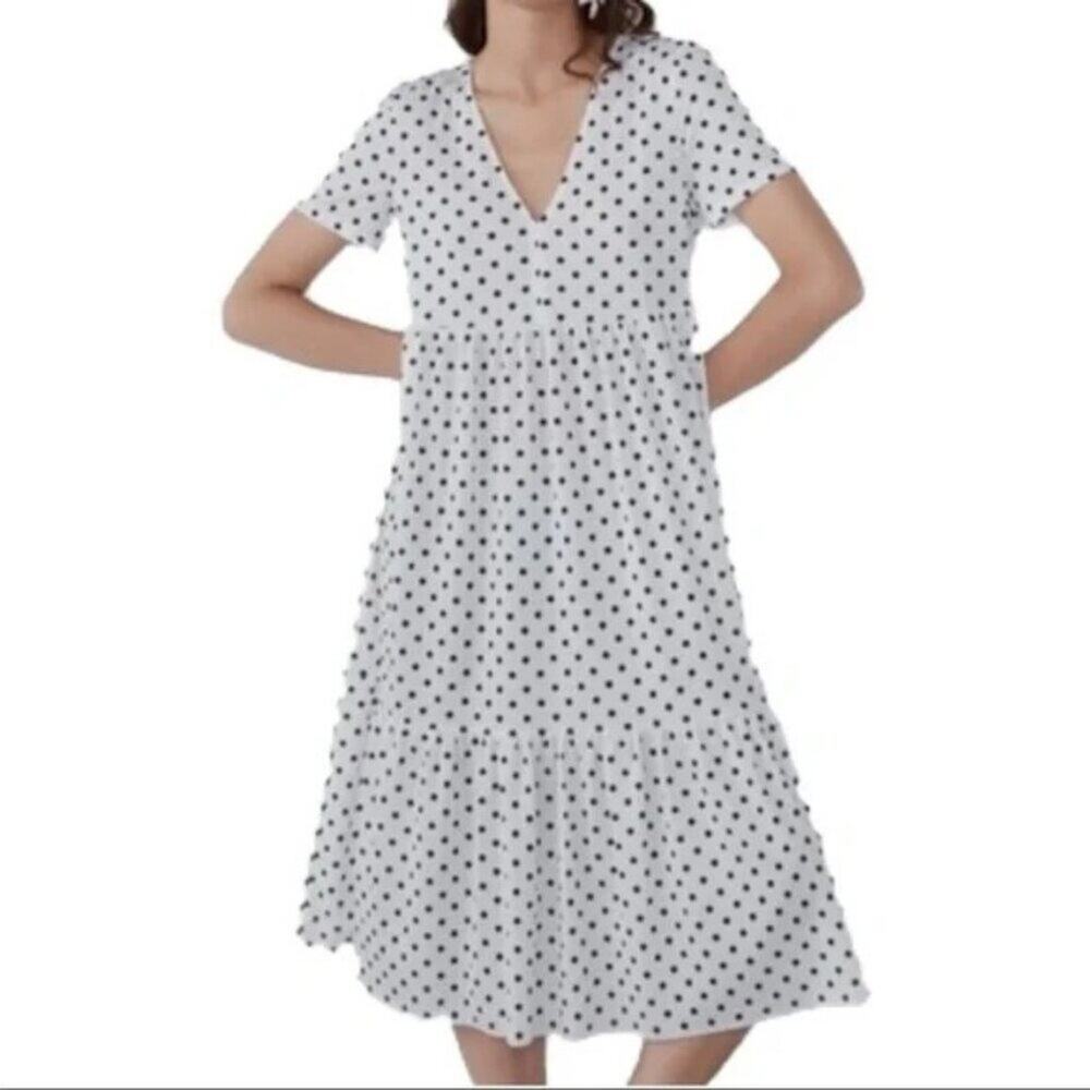 Zara Polka Dot Midi Dress White Black Short Sleeve V-Neck Pullover Size M Medium